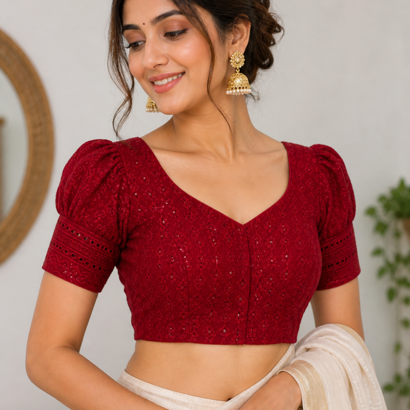 Maroon Hakoba Chikankari Style Puff Sleeve Saree Blouse